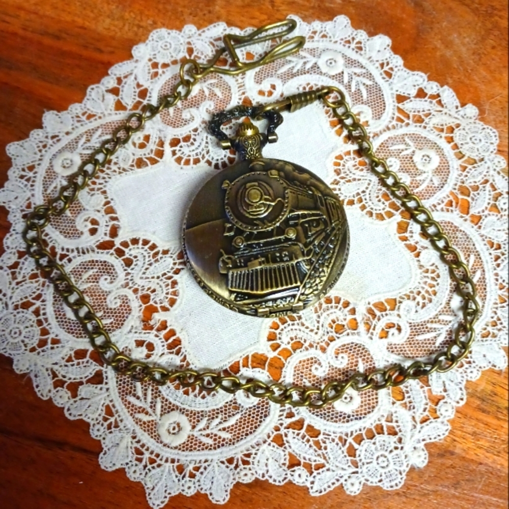 Quartz Bronze/Gold Train Locomotive Engine Chain Pocket Watch